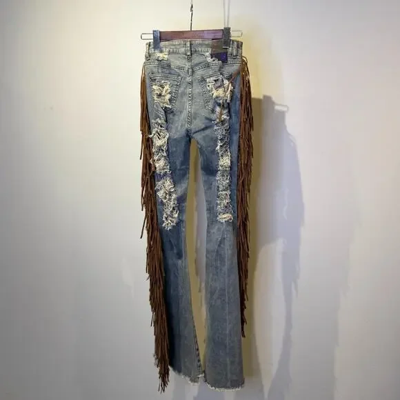 Bell Bottom High Waisted Jeans with Fringes S - Picture 6 of 8